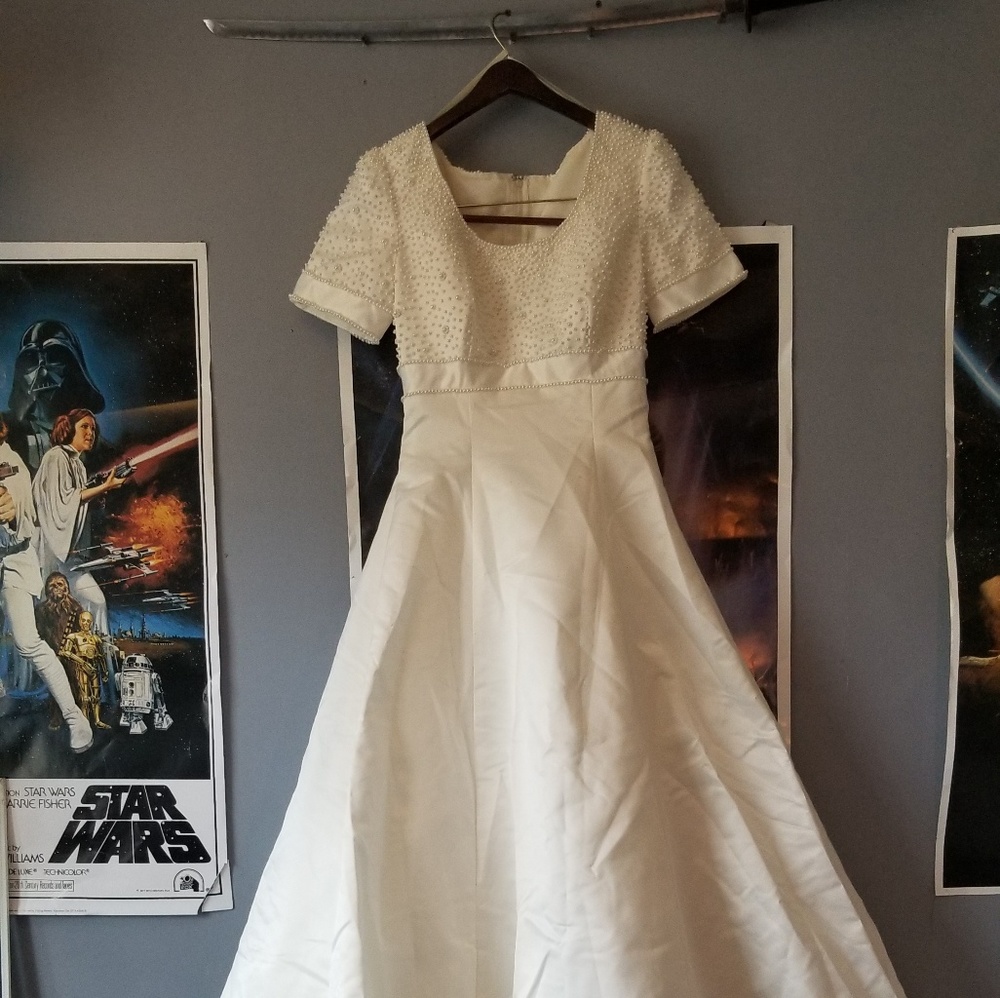 Beaded short sleeve wedding gown